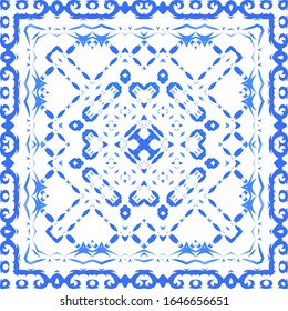 Portuguese vintage azulejo tiles. Vector seamless pattern frame. Minimal design. Blue antique background for pillows, print, wallpaper, web backdrop, towels, surface texture.