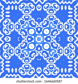 Portuguese vintage azulejo tiles. Vector seamless pattern flyer. Colored design. Blue antique background for pillows, print, wallpaper, web backdrop, towels, surface texture.
