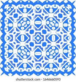 Portuguese vintage azulejo tiles. Vector seamless pattern collage. Modern design. Blue antique background for pillows, print, wallpaper, web backdrop, towels, surface texture.