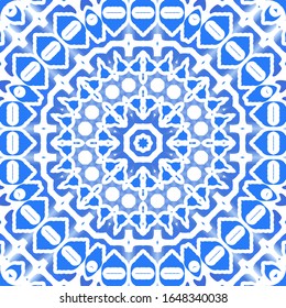 Portuguese vintage azulejo tiles. Vector seamless pattern collage. Modern design. Blue antique background for pillows, print, wallpaper, web backdrop, towels, surface texture.