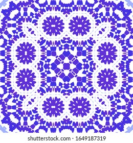 Portuguese vintage azulejo tiles. Vector seamless pattern frame. Minimal design. Blue antique background for pillows, print, wallpaper, web backdrop, towels, surface texture.