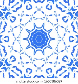 Portuguese vintage azulejo tiles. Vector seamless pattern illustration. Graphic design. Blue antique background for pillows, print, wallpaper, web backdrop, towels, surface texture.