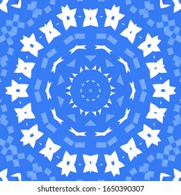 Portuguese vintage azulejo tiles. Vector seamless pattern flyer. Colored design. Blue antique background for pillows, print, wallpaper, web backdrop, towels, surface texture.