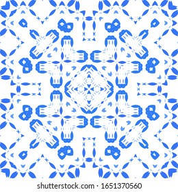 Portuguese vintage azulejo tiles. Vector seamless pattern frame. Minimal design. Blue antique background for pillows, print, wallpaper, web backdrop, towels, surface texture.