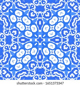 Portuguese vintage azulejo tiles. Vector seamless pattern flyer. Colored design. Blue antique background for pillows, print, wallpaper, web backdrop, towels, surface texture.