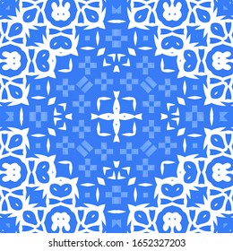 Portuguese vintage azulejo tiles. Vector seamless pattern flyer. Colored design. Blue antique background for pillows, print, wallpaper, web backdrop, towels, surface texture.