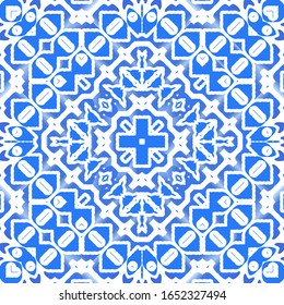 Portuguese vintage azulejo tiles. Vector seamless pattern collage. Modern design. Blue antique background for pillows, print, wallpaper, web backdrop, towels, surface texture.