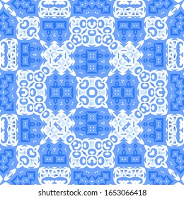 Portuguese vintage azulejo tiles. Vector seamless pattern flyer. Colored design. Blue antique background for pillows, print, wallpaper, web backdrop, towels, surface texture.