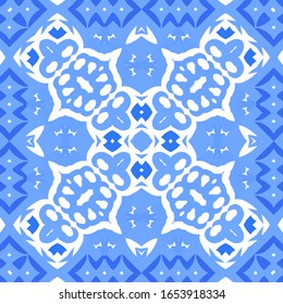 Portuguese vintage azulejo tiles. Vector seamless pattern flyer. Colored design. Blue antique background for pillows, print, wallpaper, web backdrop, towels, surface texture.