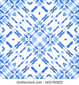 Portuguese vintage azulejo tiles. Vector seamless pattern illustration. Graphic design. Blue antique background for pillows, print, wallpaper, web backdrop, towels, surface texture.