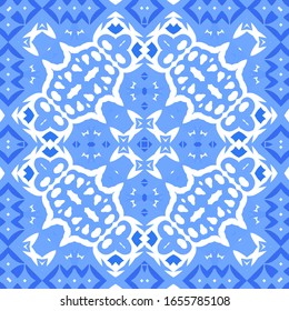 Portuguese vintage azulejo tiles. Vector seamless pattern flyer. Colored design. Blue antique background for pillows, print, wallpaper, web backdrop, towels, surface texture.