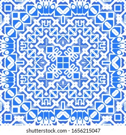 Portuguese vintage azulejo tiles. Vector seamless pattern collage. Modern design. Blue antique background for pillows, print, wallpaper, web backdrop, towels, surface texture.