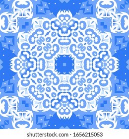 Portuguese vintage azulejo tiles. Vector seamless pattern flyer. Colored design. Blue antique background for pillows, print, wallpaper, web backdrop, towels, surface texture.