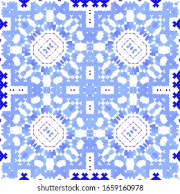 Portuguese vintage azulejo tiles. Vector seamless pattern frame. Minimal design. Blue antique background for pillows, print, wallpaper, web backdrop, towels, surface texture.