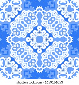 Portuguese vintage azulejo tiles. Vector seamless pattern flyer. Colored design. Blue antique background for pillows, print, wallpaper, web backdrop, towels, surface texture.