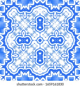 Portuguese vintage azulejo tiles. Vector seamless pattern illustration. Graphic design. Blue antique background for pillows, print, wallpaper, web backdrop, towels, surface texture.