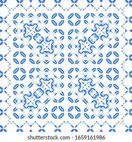 Portuguese vintage azulejo tiles. Vector seamless pattern frame. Minimal design. Blue antique background for pillows, print, wallpaper, web backdrop, towels, surface texture.