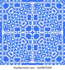Portuguese vintage azulejo tiles. Vector seamless pattern flyer. Colored design. Blue antique background for pillows, print, wallpaper, web backdrop, towels, surface texture.