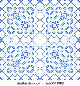 Portuguese vintage azulejo tiles. Vector seamless pattern frame. Minimal design. Blue antique background for pillows, print, wallpaper, web backdrop, towels, surface texture.