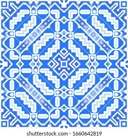 Portuguese vintage azulejo tiles. Vector seamless pattern collage. Modern design. Blue antique background for pillows, print, wallpaper, web backdrop, towels, surface texture.