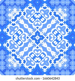 Portuguese vintage azulejo tiles. Vector seamless pattern flyer. Colored design. Blue antique background for pillows, print, wallpaper, web backdrop, towels, surface texture.