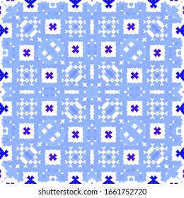 Portuguese vintage azulejo tiles. Vector seamless pattern frame. Minimal design. Blue antique background for pillows, print, wallpaper, web backdrop, towels, surface texture.