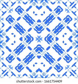 Portuguese vintage azulejo tiles. Vector seamless pattern illustration. Graphic design. Blue antique background for pillows, print, wallpaper, web backdrop, towels, surface texture.