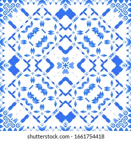 Portuguese vintage azulejo tiles. Vector seamless pattern illustration. Graphic design. Blue antique background for pillows, print, wallpaper, web backdrop, towels, surface texture.