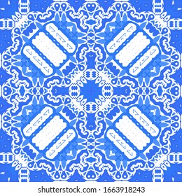 Portuguese vintage azulejo tiles. Vector seamless pattern flyer. Colored design. Blue antique background for pillows, print, wallpaper, web backdrop, towels, surface texture.