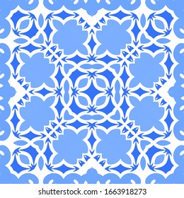 Portuguese vintage azulejo tiles. Vector seamless pattern frame. Minimal design. Blue antique background for pillows, print, wallpaper, web backdrop, towels, surface texture.