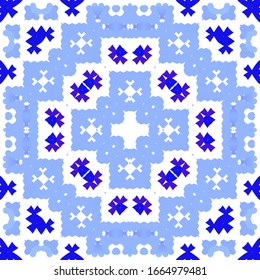 Portuguese vintage azulejo tiles. Vector seamless pattern frame. Minimal design. Blue antique background for pillows, print, wallpaper, web backdrop, towels, surface texture.