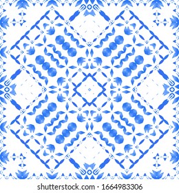 Portuguese vintage azulejo tiles. Vector seamless pattern illustration. Graphic design. Blue antique background for pillows, print, wallpaper, web backdrop, towels, surface texture.