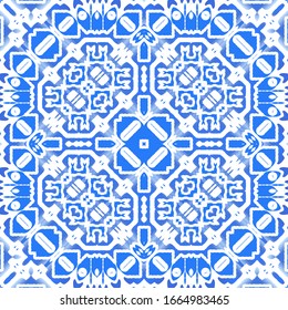 Portuguese vintage azulejo tiles. Vector seamless pattern collage. Modern design. Blue antique background for pillows, print, wallpaper, web backdrop, towels, surface texture.