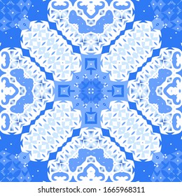 Portuguese vintage azulejo tiles. Vector seamless pattern flyer. Colored design. Blue antique background for pillows, print, wallpaper, web backdrop, towels, surface texture.