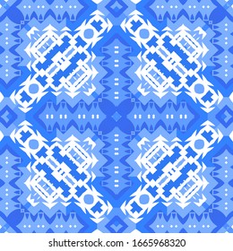Portuguese vintage azulejo tiles. Vector seamless pattern flyer. Colored design. Blue antique background for pillows, print, wallpaper, web backdrop, towels, surface texture.