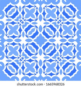Portuguese vintage azulejo tiles. Vector seamless pattern frame. Minimal design. Blue antique background for pillows, print, wallpaper, web backdrop, towels, surface texture.