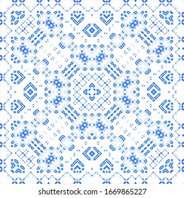 Portuguese vintage azulejo tiles. Vector seamless pattern frame. Minimal design. Blue antique background for pillows, print, wallpaper, web backdrop, towels, surface texture.