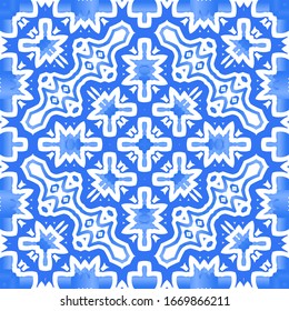 Portuguese vintage azulejo tiles. Vector seamless pattern illustration. Graphic design. Blue antique background for pillows, print, wallpaper, web backdrop, towels, surface texture.