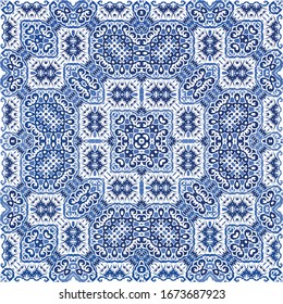 Portuguese vintage azulejo tiles. Vector seamless pattern template. Fashionable design. Blue antique background for pillows, print, wallpaper, web backdrop, towels, surface texture.