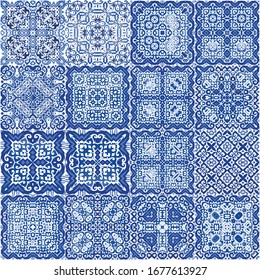 Portuguese vintage azulejo tiles. Vector seamless pattern texture. Kitchen design. antique background for pillows, print, wallpaper, web backdrop, towels, surface texture.