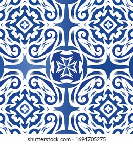 Portuguese vintage azulejo tiles. Vector seamless pattern theme. Minimal design. Blue antique background for pillows, print, wallpaper, web backdrop, towels, surface texture.