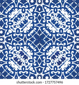 Portuguese vintage azulejo tiles. Vector seamless pattern texture. Modern design. Blue antique background for pillows, print, wallpaper, web backdrop, towels, surface texture.