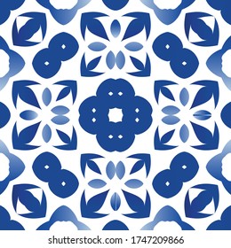 Portuguese vintage azulejo tiles. Vector seamless pattern template. Original design. Blue antique background for pillows, print, wallpaper, web backdrop, towels, surface texture.