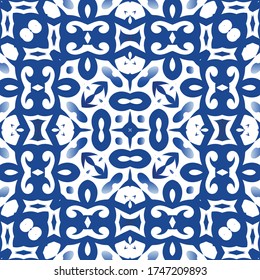 Portuguese vintage azulejo tiles. Vector seamless pattern texture. Original design. Blue antique background for pillows, print, wallpaper, web backdrop, towels, surface texture.