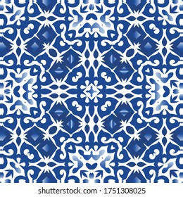 Portuguese vintage azulejo tiles. Vector seamless pattern illustration. Universal design. Blue antique background for pillows, print, wallpaper, web backdrop, towels, surface texture.