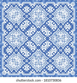 Portuguese vintage azulejo tiles. Vector seamless pattern illustration. Graphic design. Blue antique background for pillows, print, wallpaper, web backdrop, towels, surface texture.