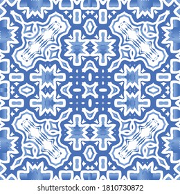 Portuguese vintage azulejo tiles. Vector seamless pattern illustration. Graphic design. Blue antique background for pillows, print, wallpaper, web backdrop, towels, surface texture.