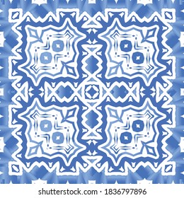 Portuguese vintage azulejo tiles. Vector seamless pattern illustration. Graphic design. Blue antique background for pillows, print, wallpaper, web backdrop, towels, surface texture.