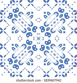 Portuguese vintage azulejo tiles. Vector seamless pattern frame. Minimal design. Blue antique background for pillows, print, wallpaper, web backdrop, towels, surface texture.