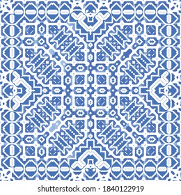 Portuguese vintage azulejo tiles. Vector seamless pattern collage. Modern design. Blue antique background for pillows, print, wallpaper, web backdrop, towels, surface texture.